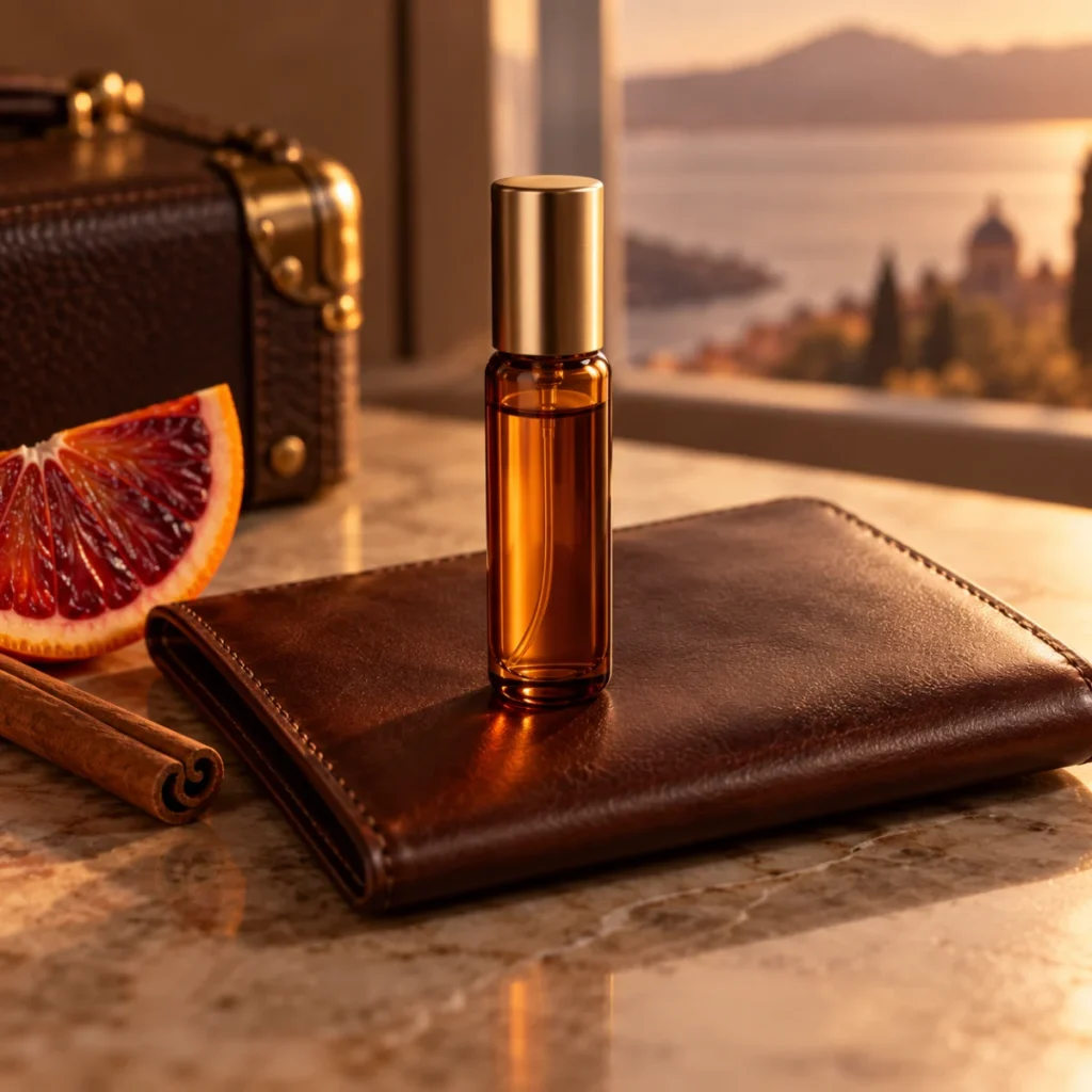 Small unbranded travel perfume spray with cinnamon and blood orange, a travel-size fragrance concept