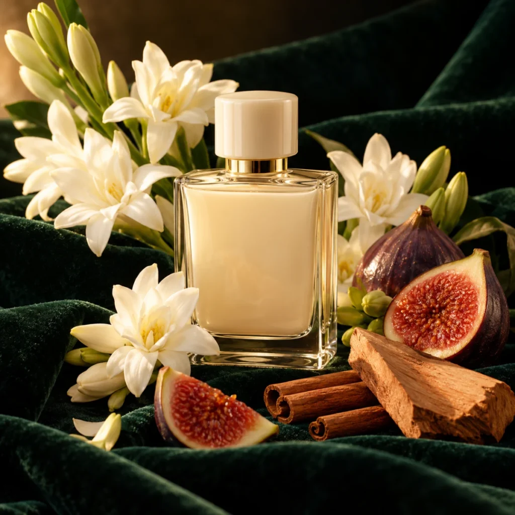 Unbranded cream perfume bottle with tuberose, figs and sandalwood, a rich floral perfume concept