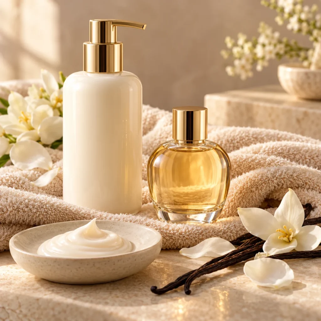 Unbranded body lotion and perfume bottle with vanilla pods, a fragrance layering concept
