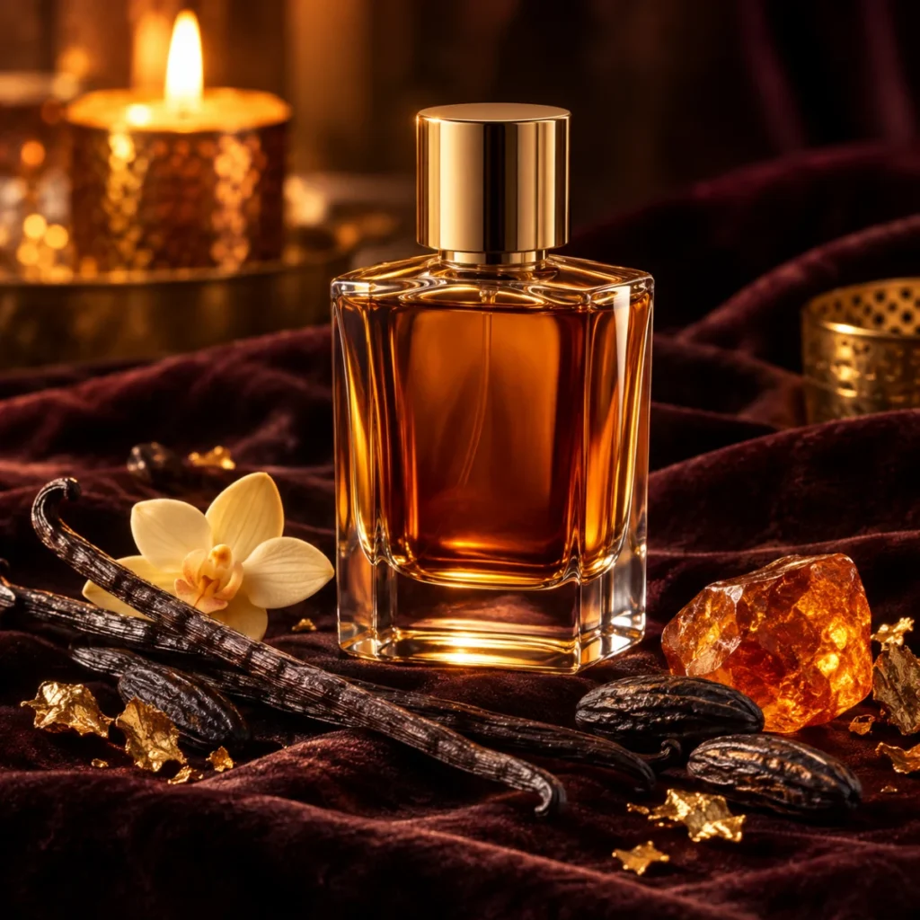 Unbranded amber perfume bottle with vanilla pods, tonka beans and amber resin, a rich vanilla men's fragrance concept