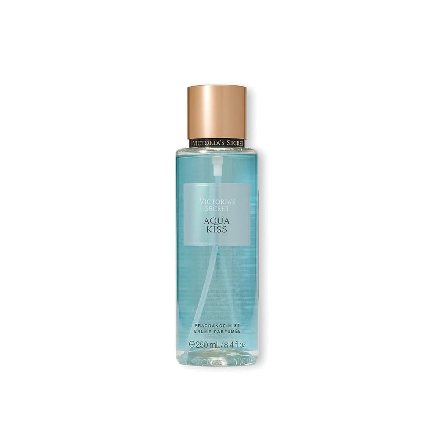Victoria's Secret Aqua Kiss Fragrance Mist 250ml Victoria's Secret Aqua Kiss Fragrance Mist 250ml aqua bottle with gold cap, front view