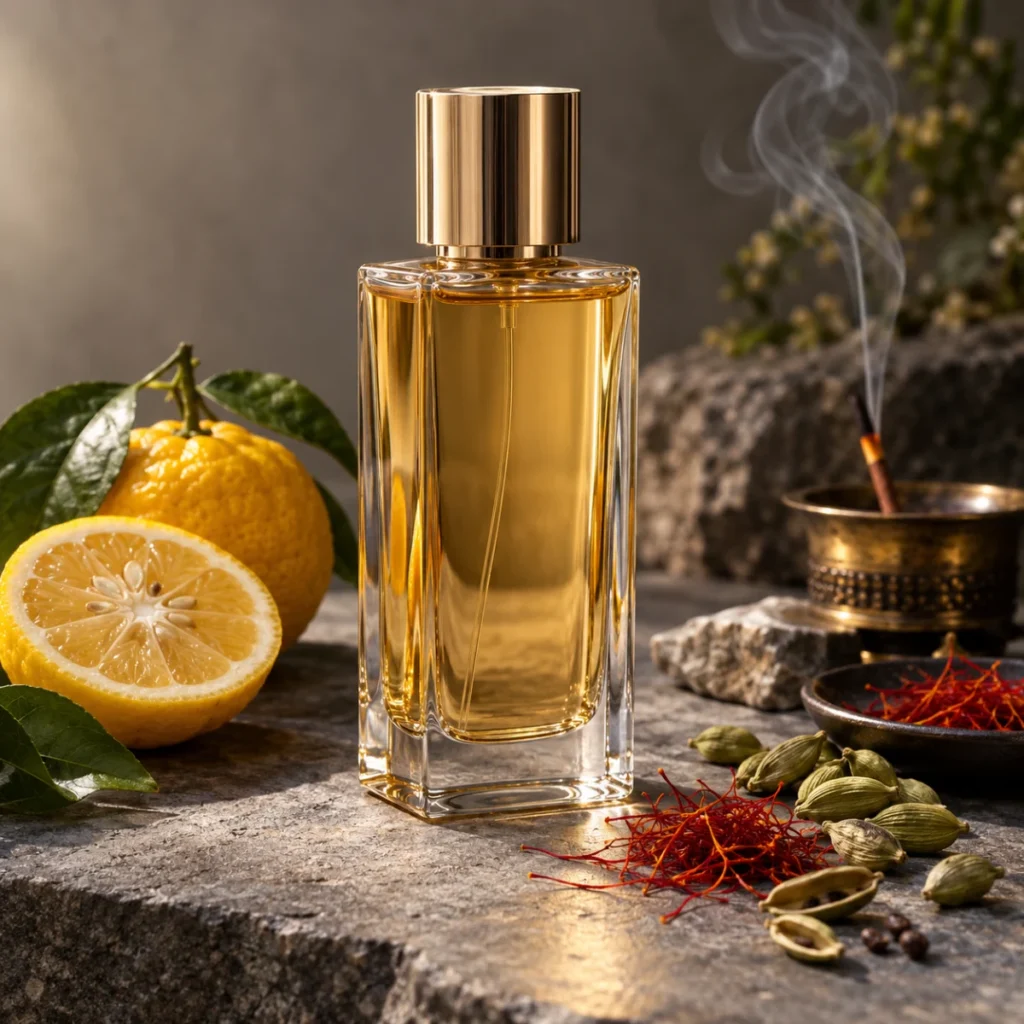 Unbranded tall perfume bottle with yuzu, cardamom and incense smoke, a citrus woody men's fragrance concept